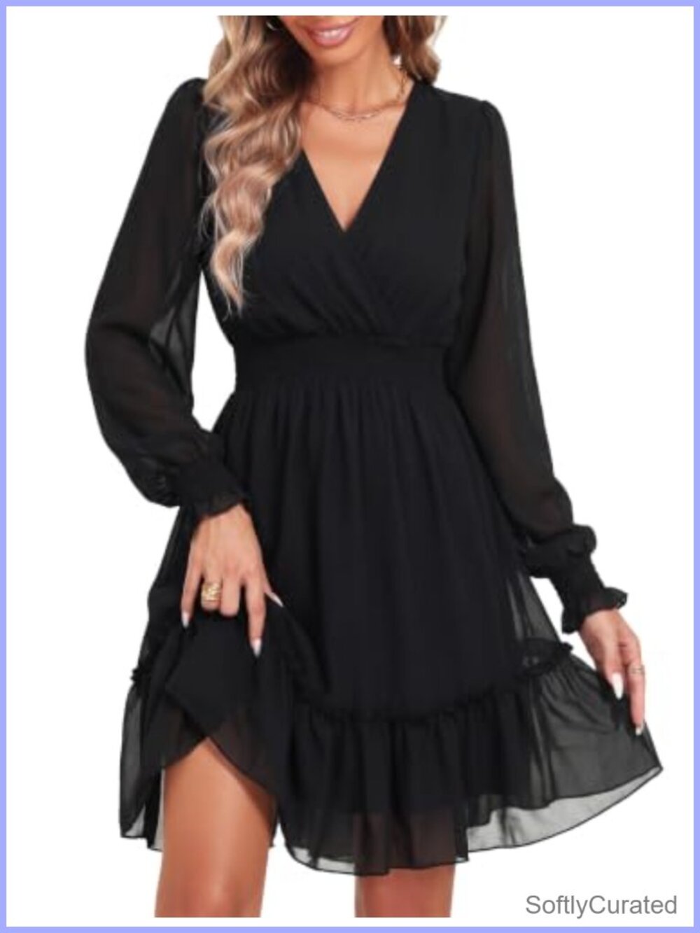 Chiffon Long Sleeve Wrap V Neck Smocked Waist Mini Dress